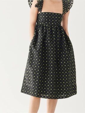 Baum Und Pferdgarten Square-Neck Black Midi Dress with Lime Dot Pattern
